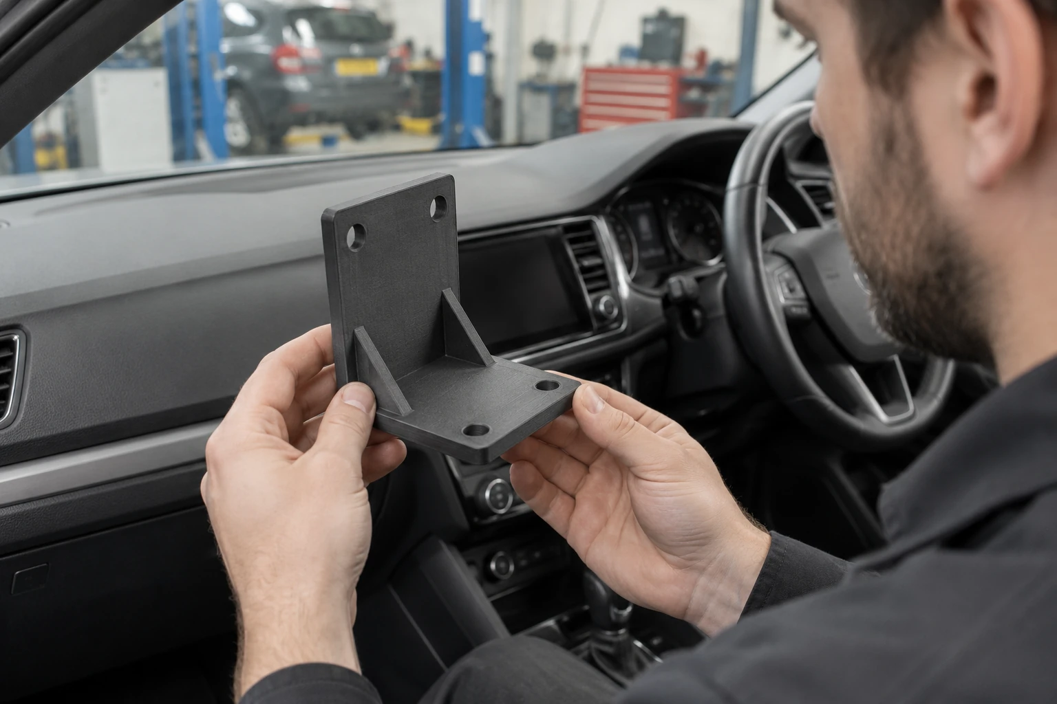 Single dark 3D printed gusseted L-bracket held in front of an automotive dashboard for fit testing