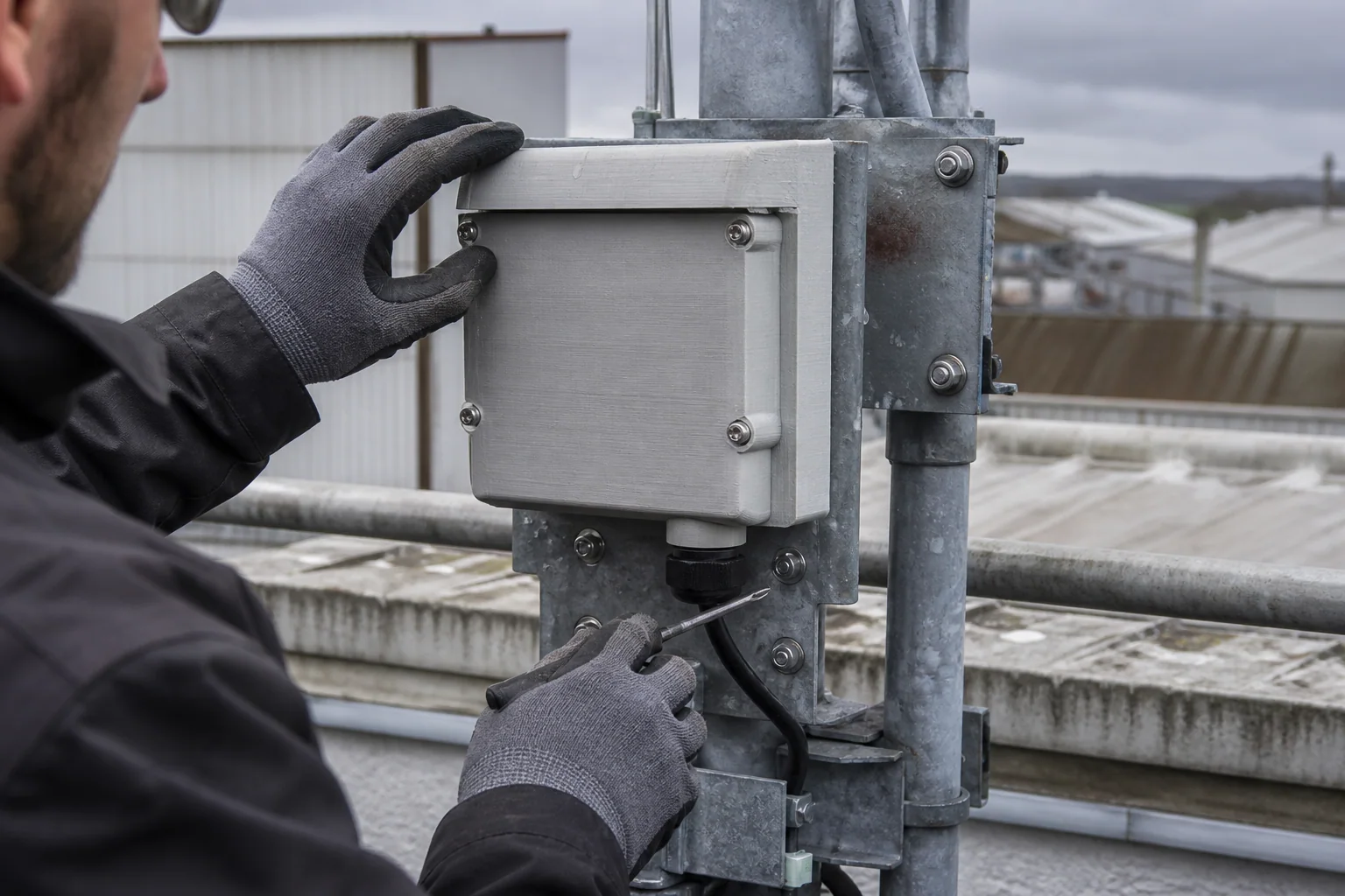 ASA printed weatherproof sensor enclosure being serviced on an industrial rooftop
