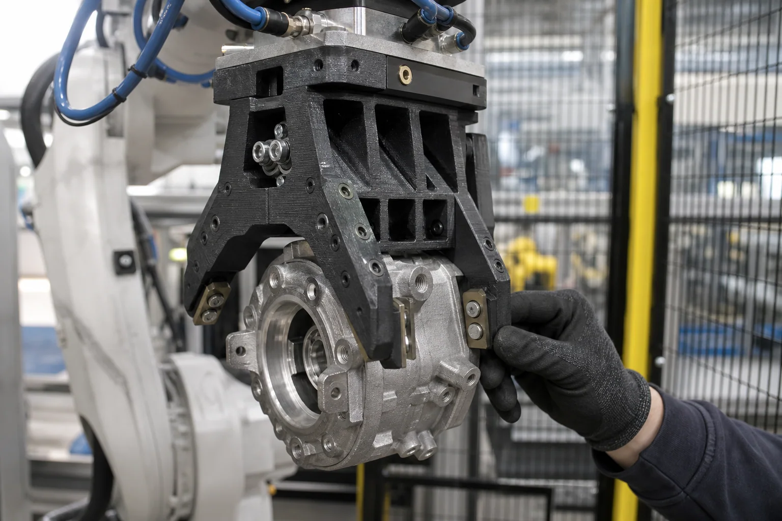 PA6-CF printed robotic end-effector gripping a machined aluminium transmission component
