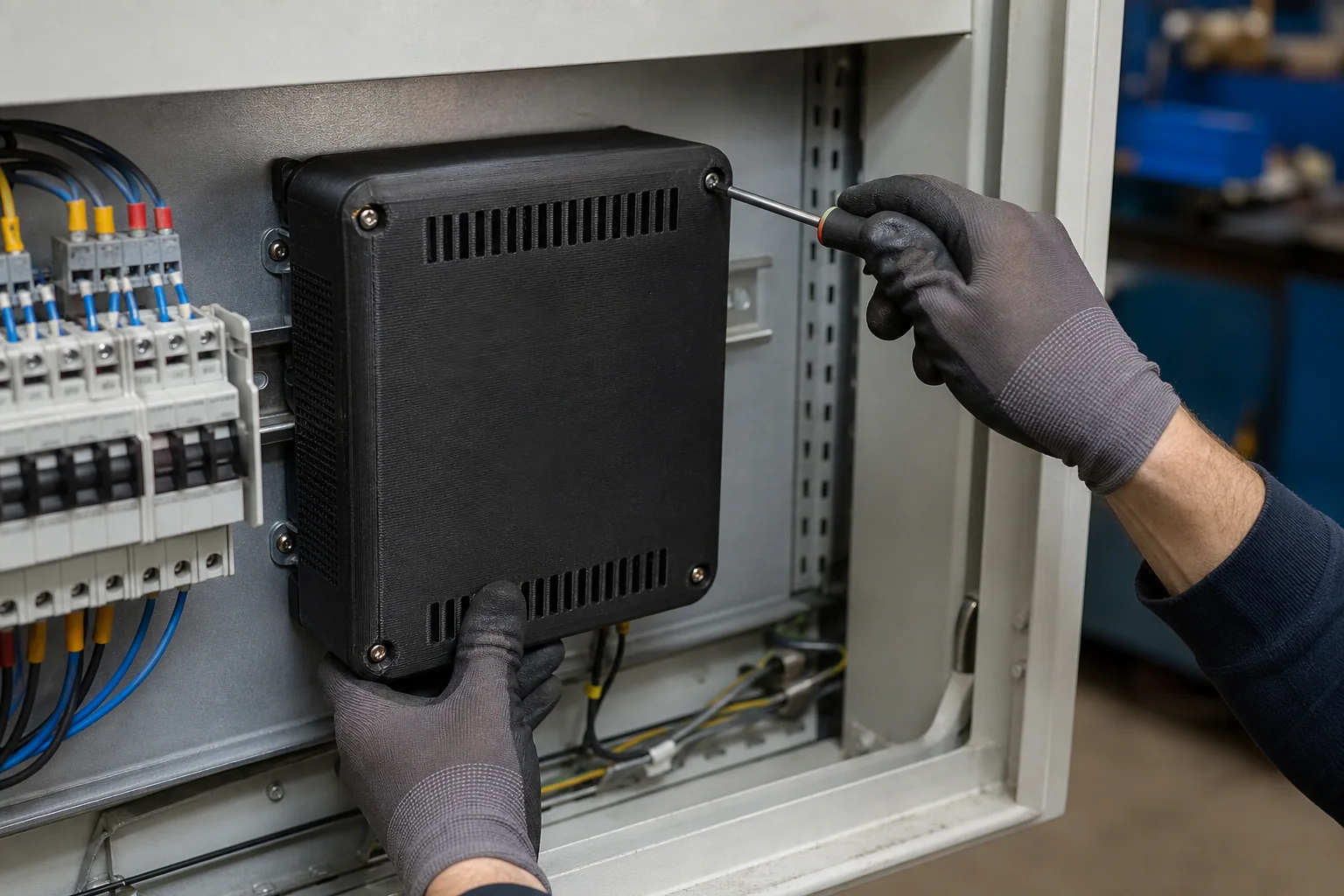 PC-FR printed electrical enclosure being inspected inside an industrial control cabinet