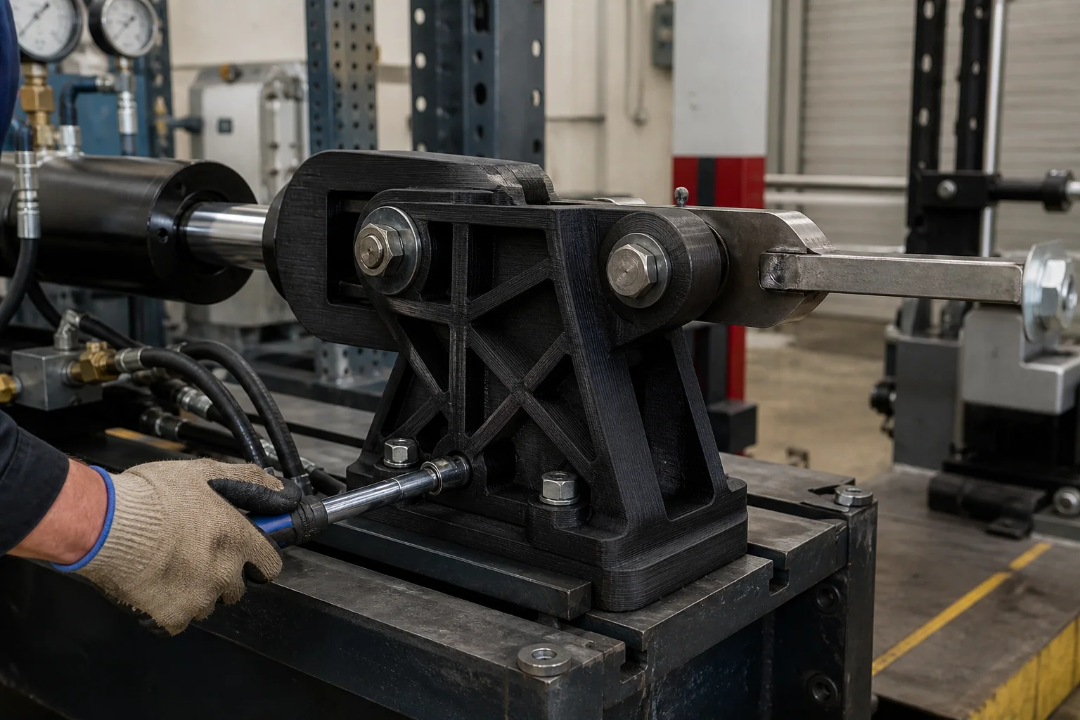 PPA-CF printed structural linkage bracket installed on an industrial actuator test rig