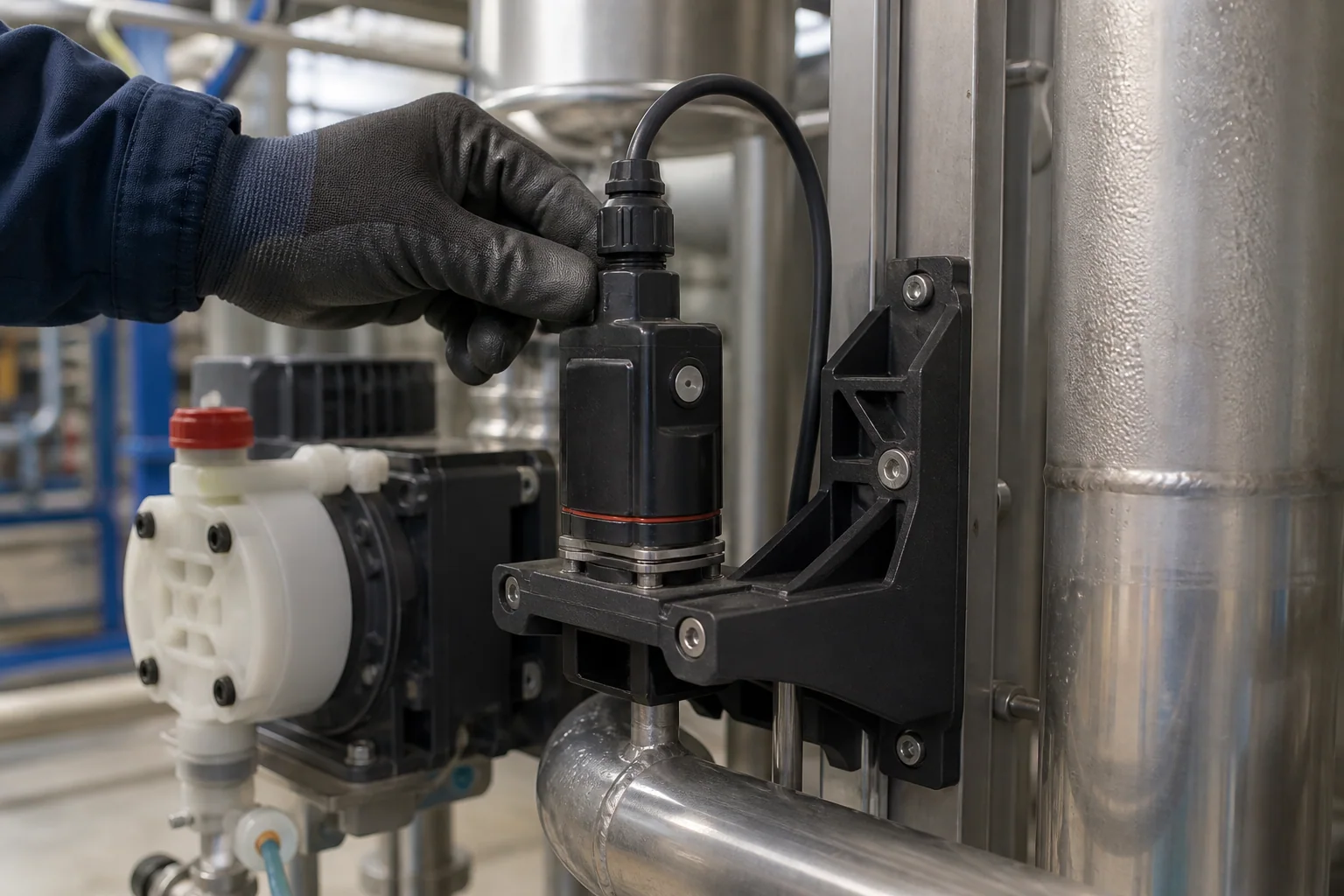 PPS-CF printed sensor mounting bracket installed beside stainless process pipework